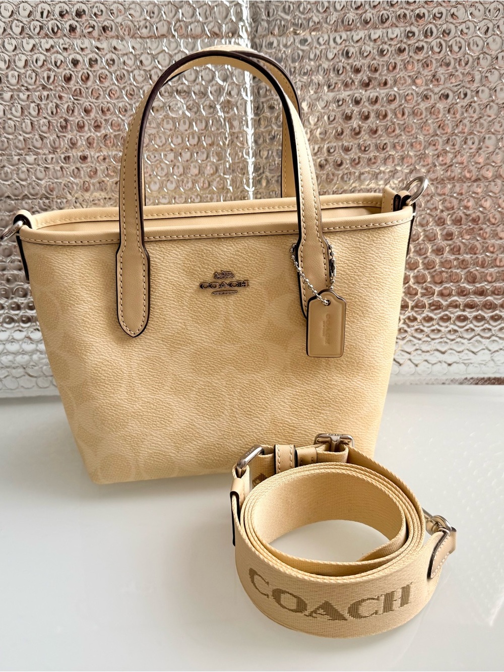 Coach City Mini Tote bag in Silver/Hay  Signature Canvas with Removable Strap